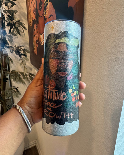 Gratitude Grace and Growth 20 oz glitter tumbler