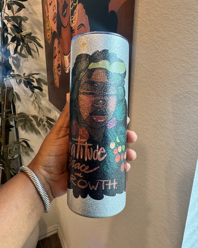 Gratitude Grace and Growth 20 oz glitter tumbler