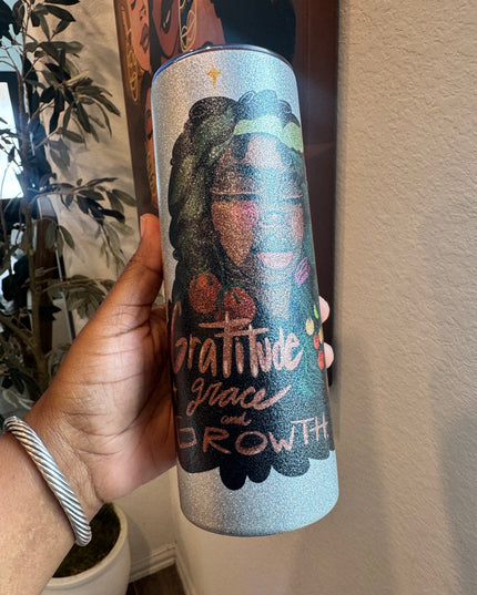 Gratitude Grace and Growth 20 oz glitter tumbler